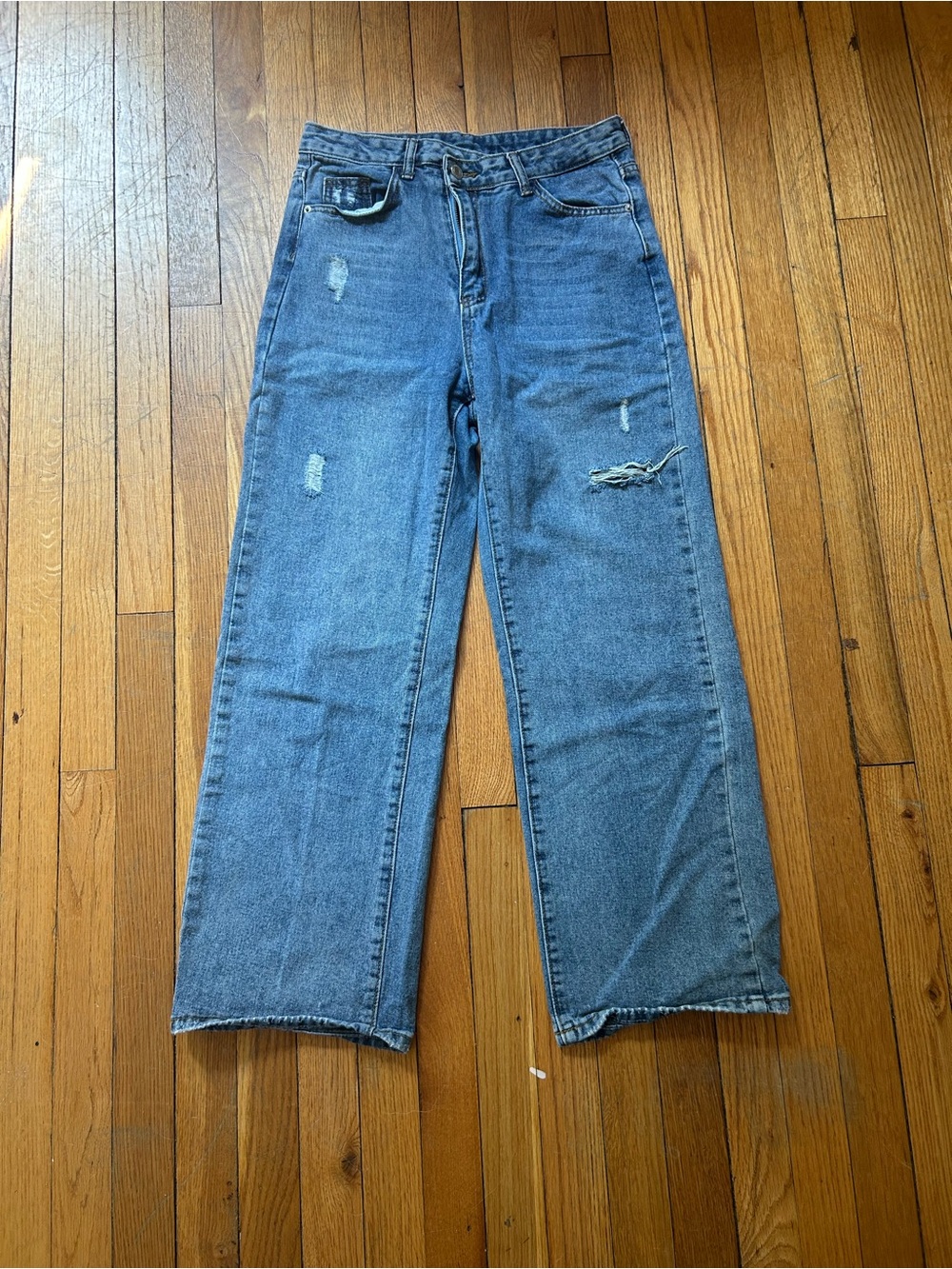 Vintage-Inspired Distressed Straight Leg Jeans - Blue